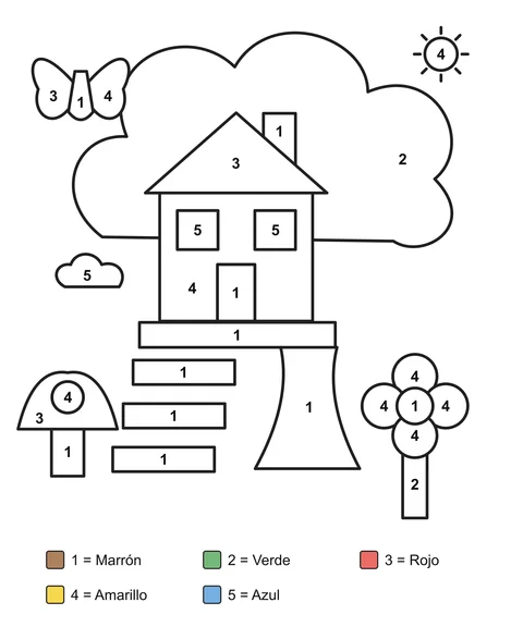 Lámina para colorear por números: Una casa en un árbol con escalones, una flor, una seta y una mariposa.