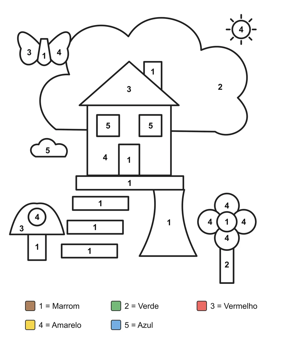 Desenho para colorir por números: Uma casa na árvore com degraus, uma flor, um cogumelo e uma borboleta.