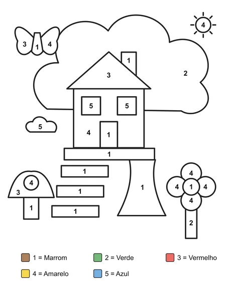 Desenho para colorir por números: Uma casa na árvore com degraus, uma flor, um cogumelo e uma borboleta.