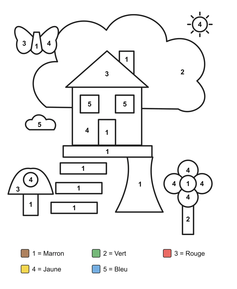 Coloriage numéroté : Une cabane avec des marches, une fleur, un champignon et un papillon.