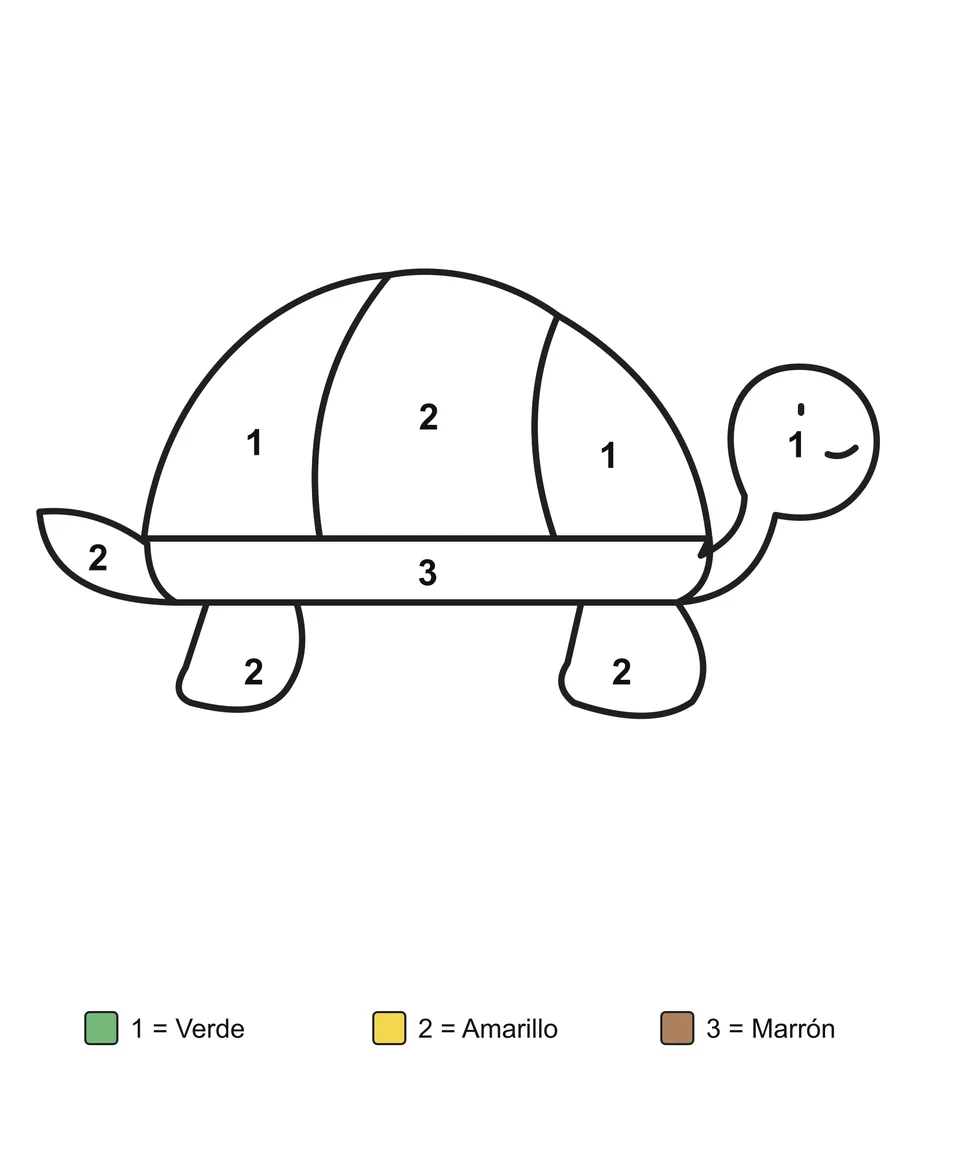 Una tortuga de perfil con el caparazón dividido en varias zonas, con zonas numeradas y una clave de colores escrita.