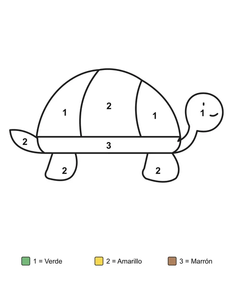 Una tortuga de perfil con el caparazón dividido en varias zonas, con zonas numeradas y una clave de colores escrita.