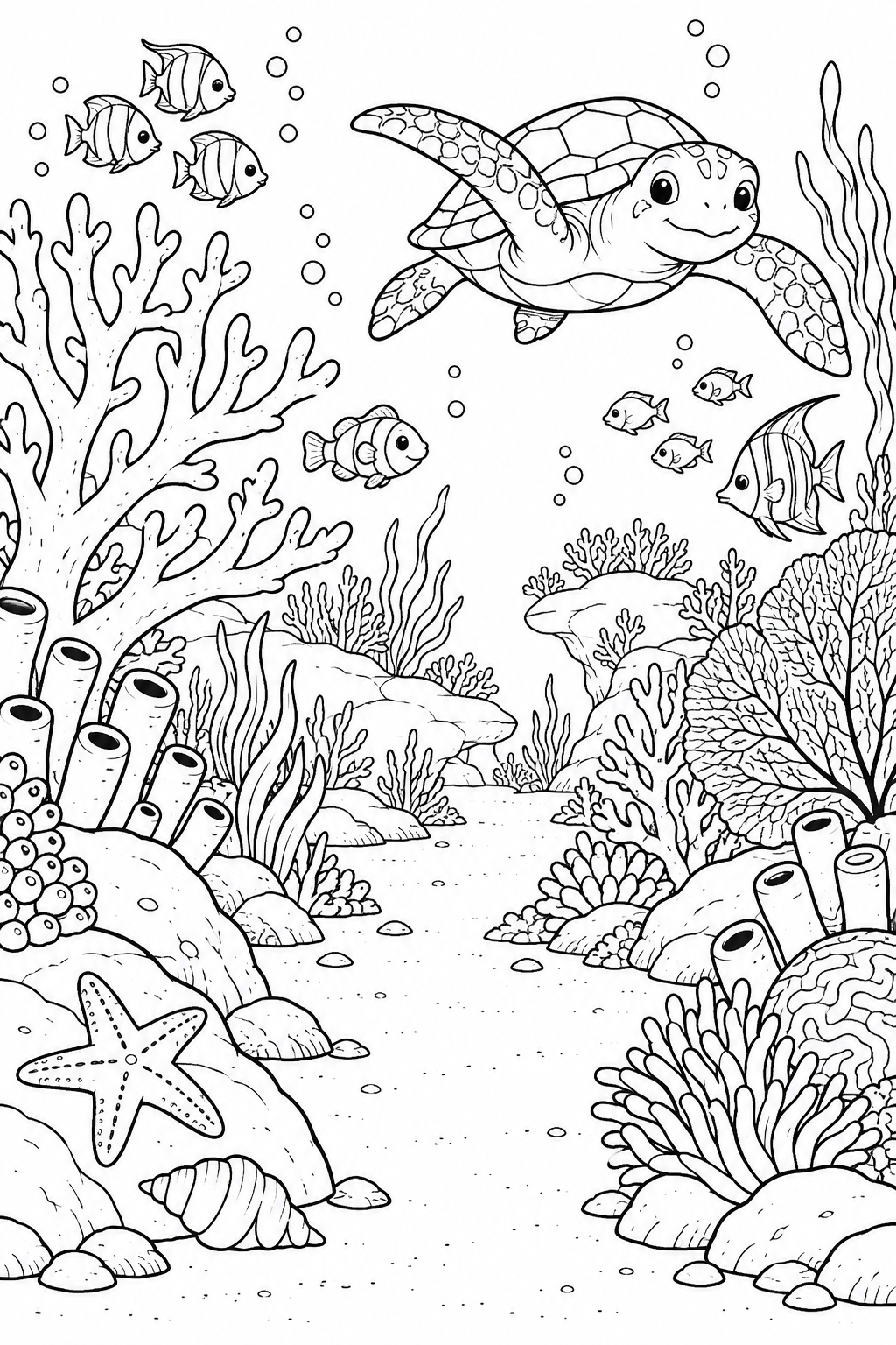 De petits poissons et une tortue de mer nagent parmi les coraux, gorgones et rochers près d’un passage de sable.