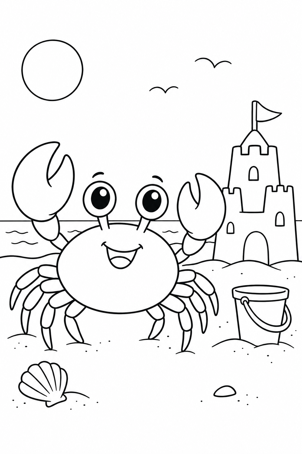 Un gentil petit crabe se tient près d’un château de sable et d’un seau.