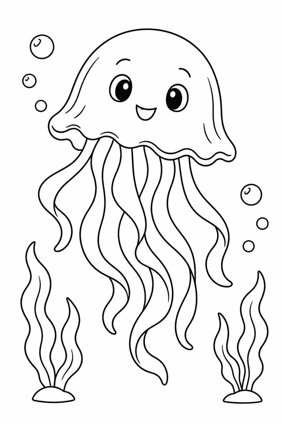 Une gentille méduse flotte avec des tentacules en rubans parmi les algues et les bulles.