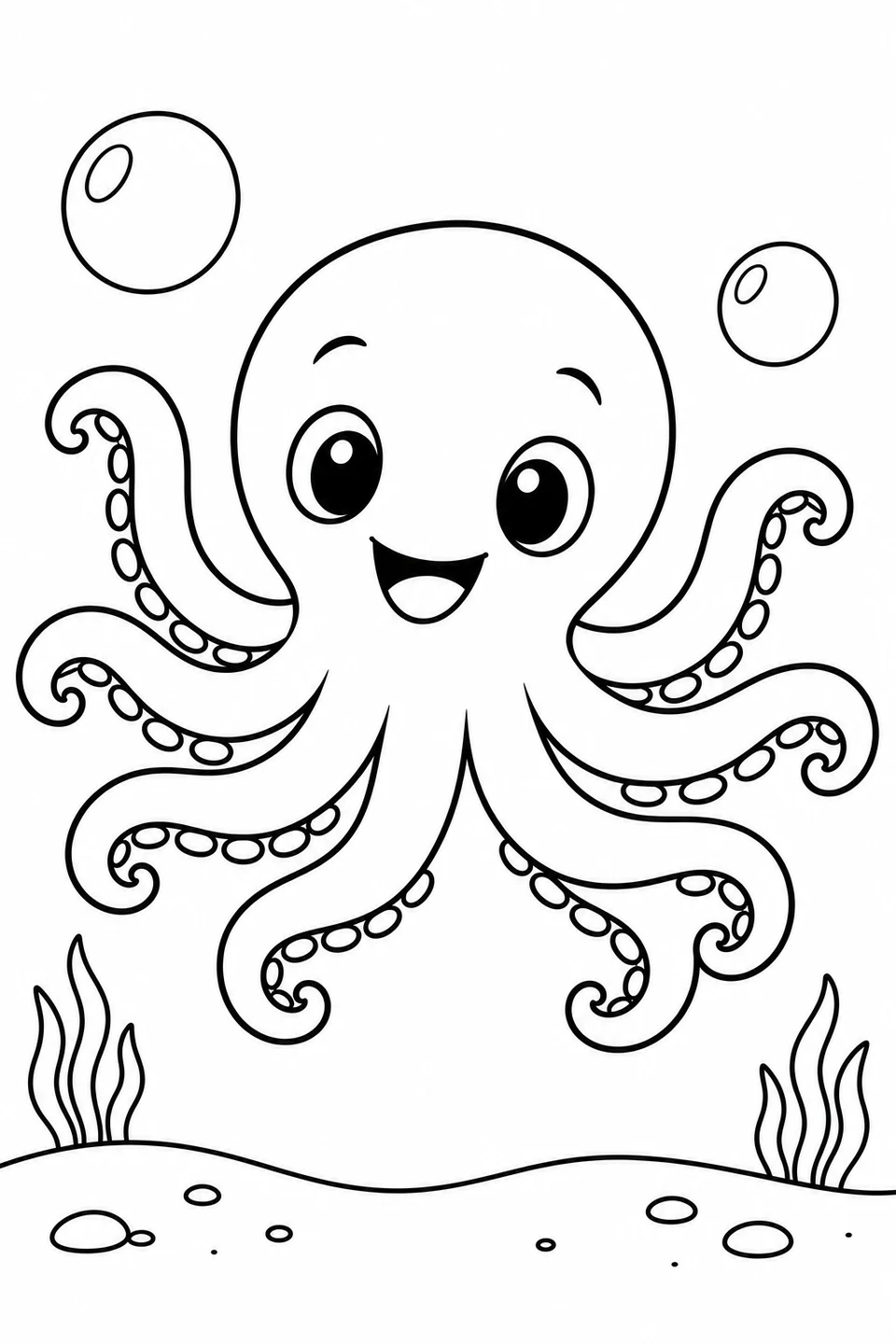 A smiling octopus curls its soft arms beside bubbles on the seabed.