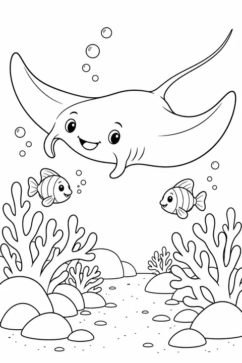 Une gentille raie manta glisse au-dessus des coraux et des rochers arrondis près de petits poissons.