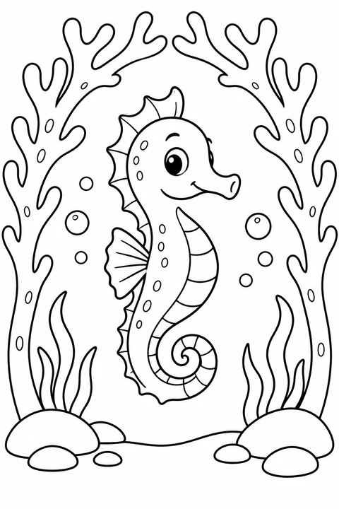 Un hippocampe souriant flotte sous une arche de corail, entouré de bulles.