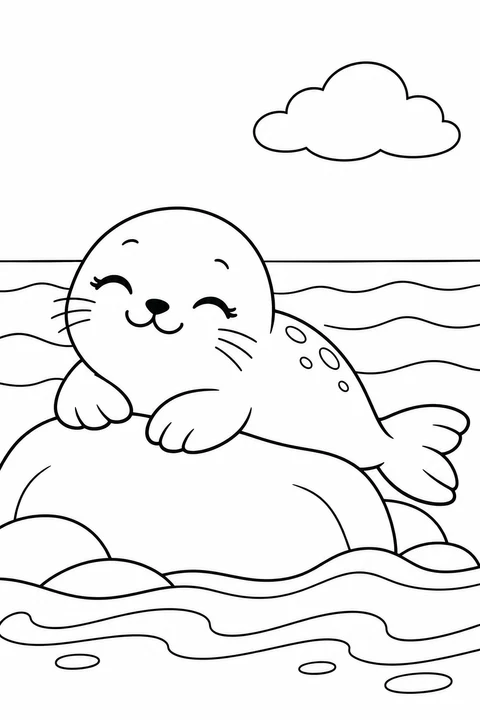 A baby seal rests on a smooth rock beside gentle waves.