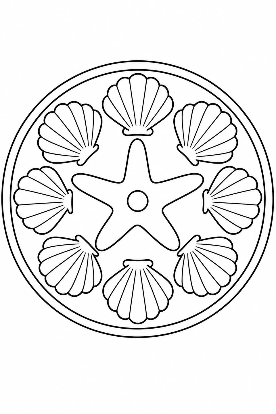 Large seashells form a simple circle around a starfish, with wide spaces to color.
