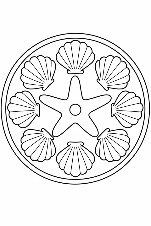 Large seashells form a simple circle around a starfish, with wide spaces to color.