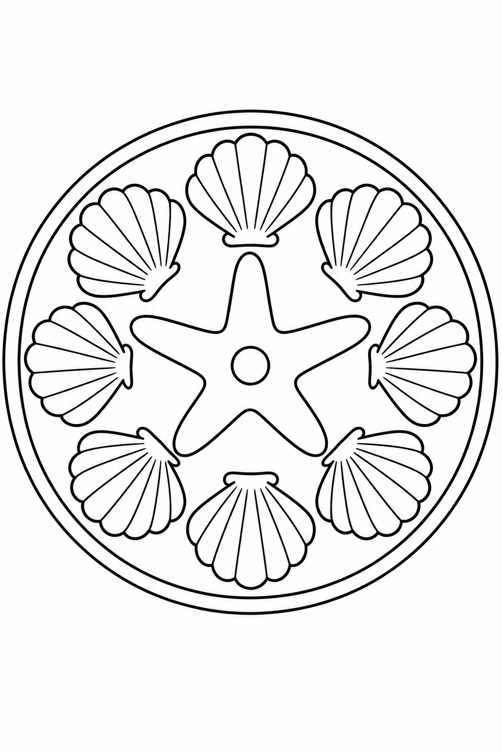 Large seashells form a simple circle around a starfish, with wide spaces to color.