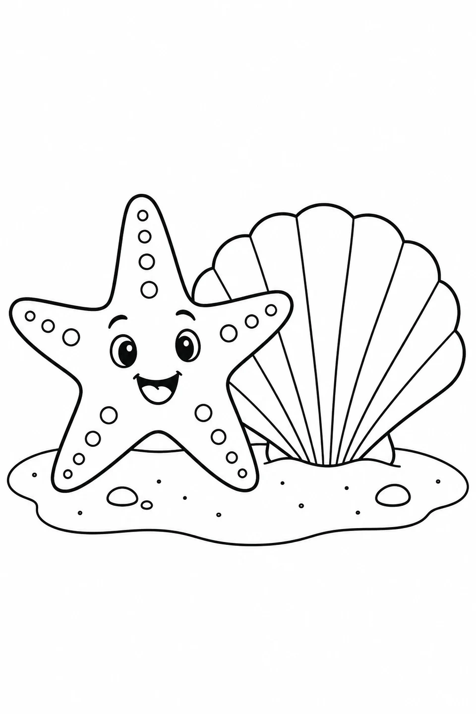 A smiling five-armed starfish rests beside a large scallop shell.