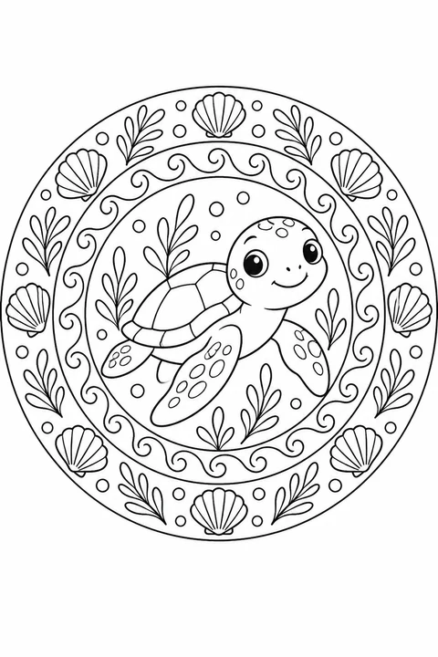 A sea turtle sits at the center of a circular pattern of waves, shells and seaweed.