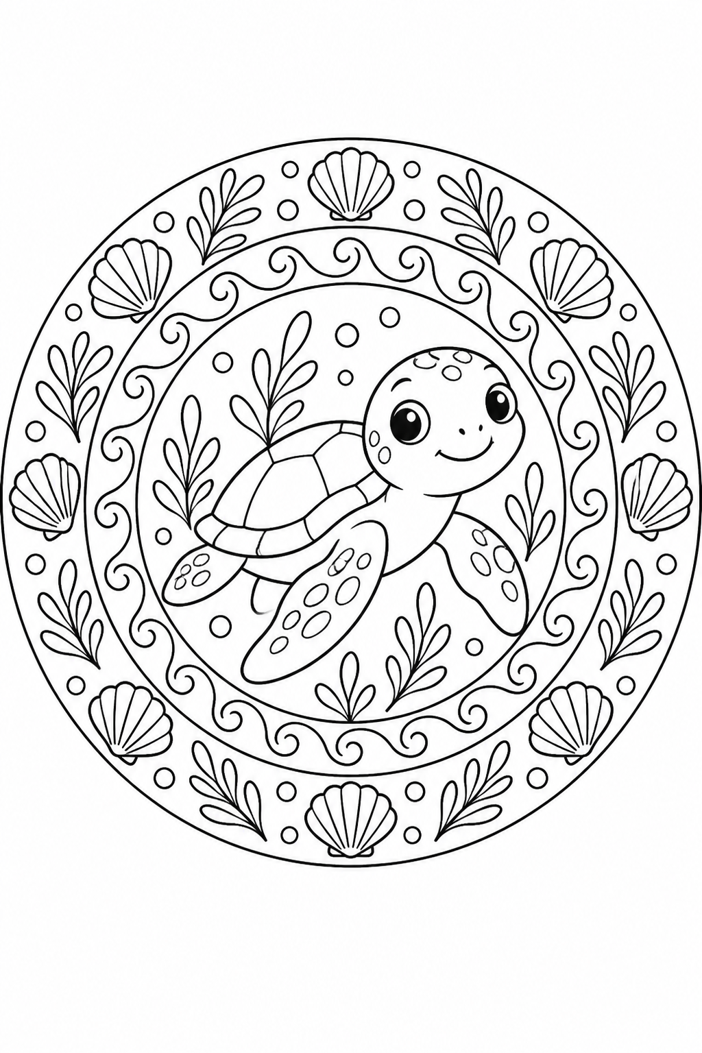 A sea turtle sits at the center of a circular pattern of waves, shells and seaweed.