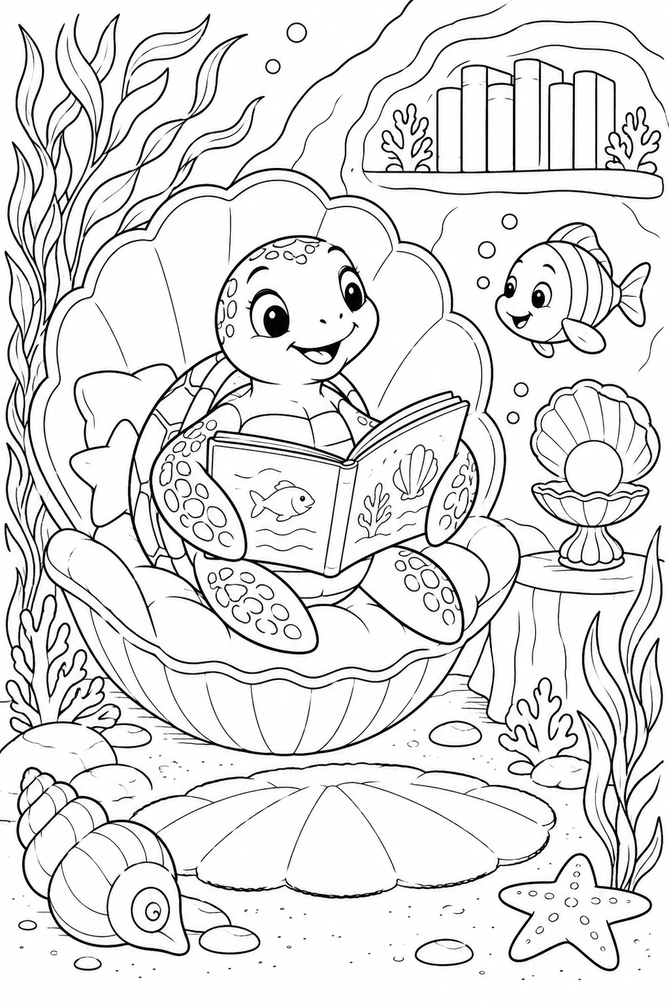 A sea turtle reads in a seashell chair beside books, kelp and a pearl lamp.