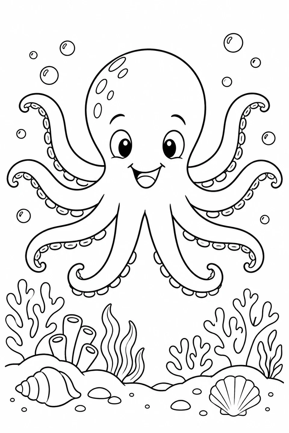 An octopus swims above coral and seashells.