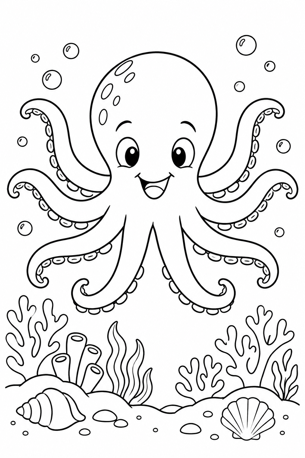 An octopus swims above coral and seashells.