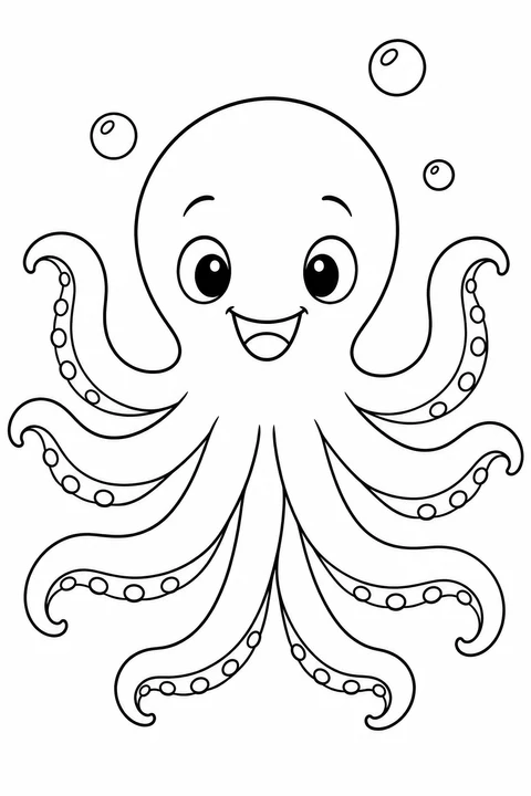 A cheerful octopus spreads its arms beside a few bubbles.