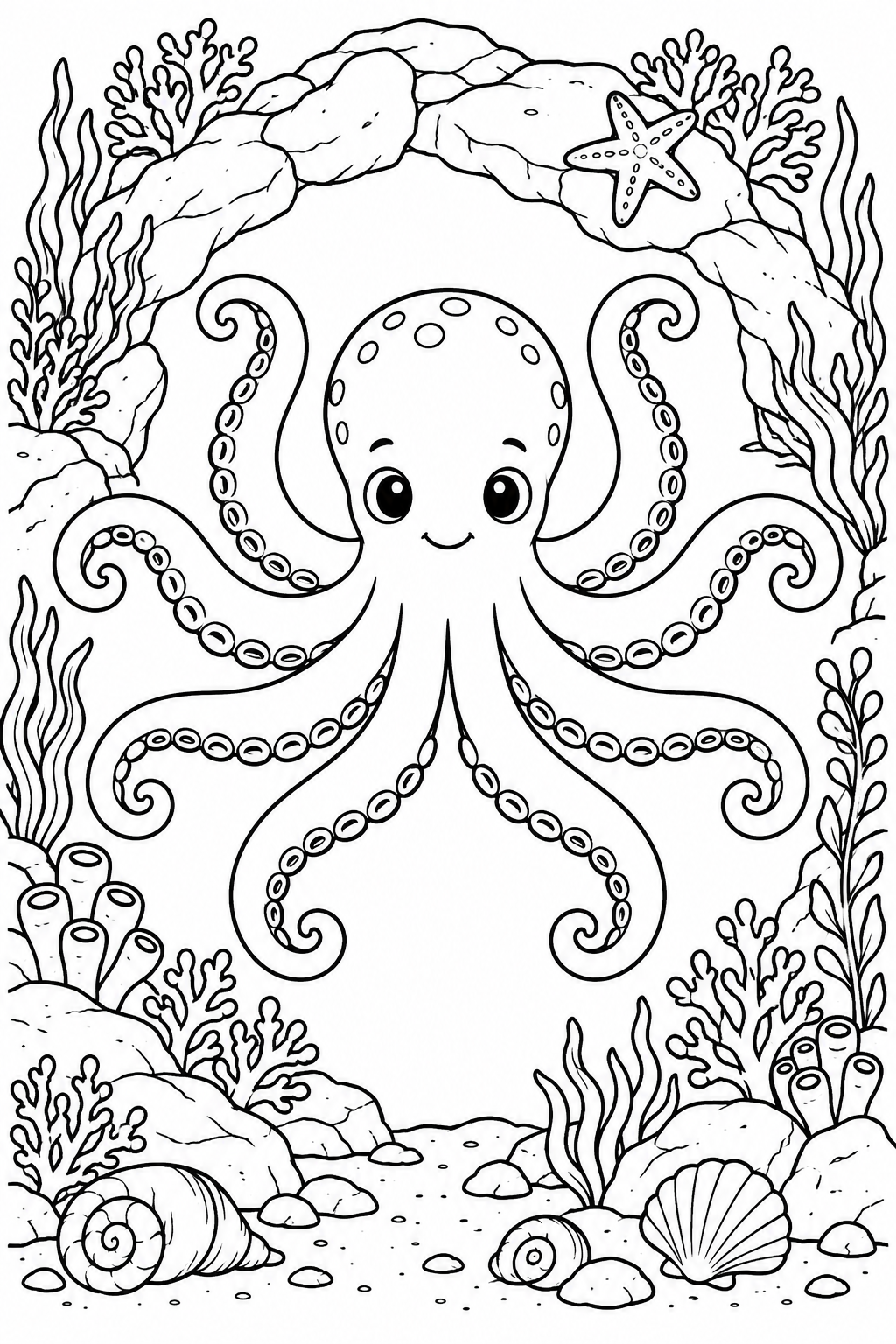 An octopus explores a rocky arch among seaweed and coral.