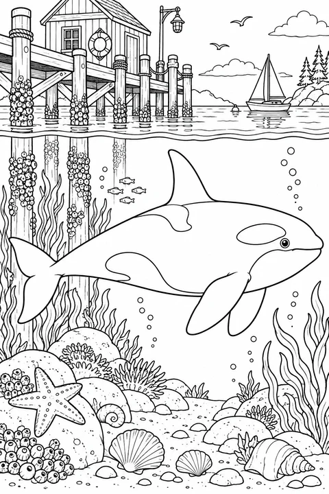 An orca swims beside barnacle-covered pier pilings, with a boathouse and sailboat above the water.