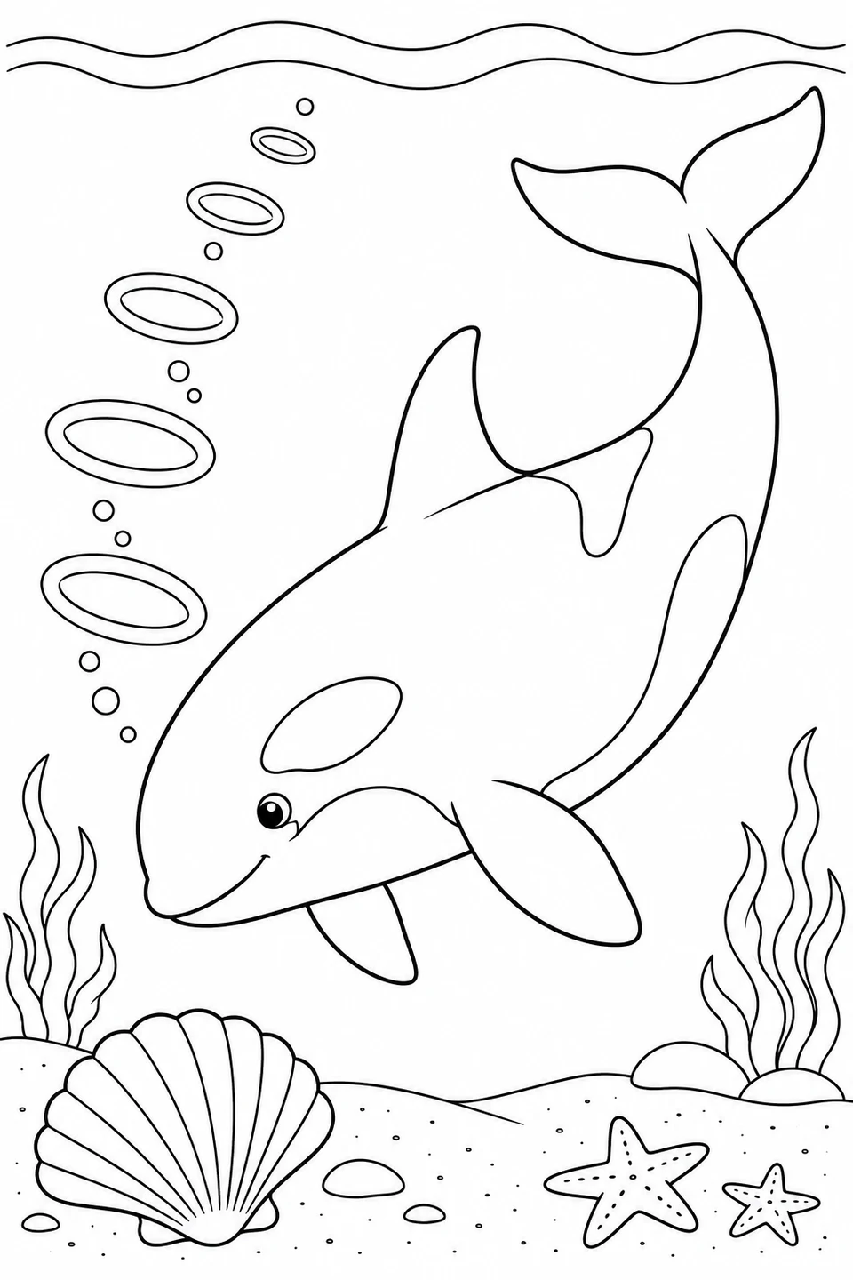 An orca curves downward beside bubble rings, above a scallop shell and two sea stars.