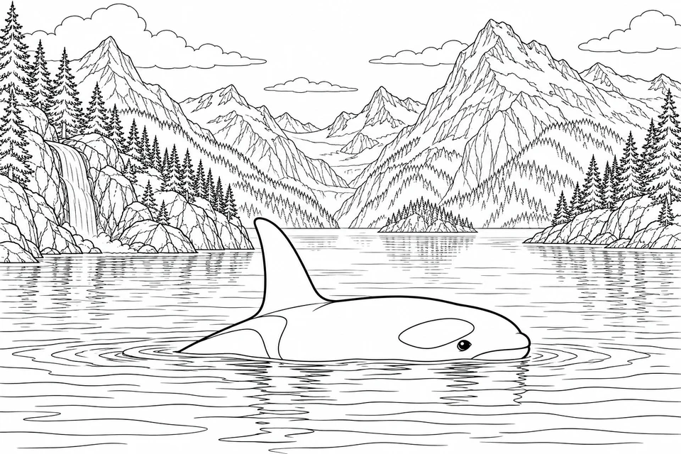 An orca surfaces in a calm fjord bordered by tree-covered mountains and a waterfall.