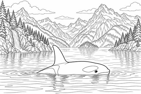 An orca surfaces in a calm fjord bordered by tree-covered mountains and a waterfall.