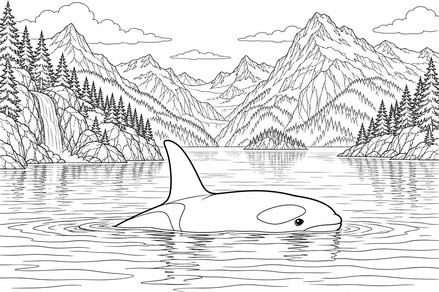 Ein Orca taucht in einem ruhigen Fjord auf, umgeben von bewaldeten Bergen und einem Wasserfall.