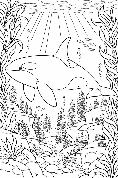 An orca swims between tall kelp fronds above rocky ledges, sea stars and sea urchins.