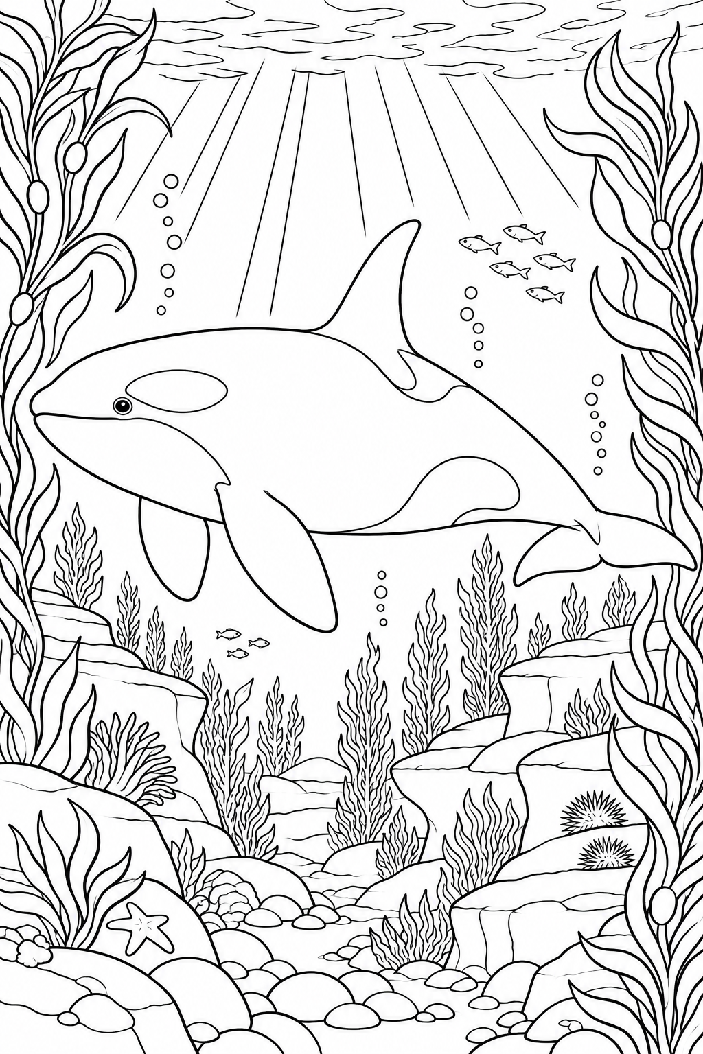 An orca swims between tall kelp fronds above rocky ledges, sea stars and sea urchins.