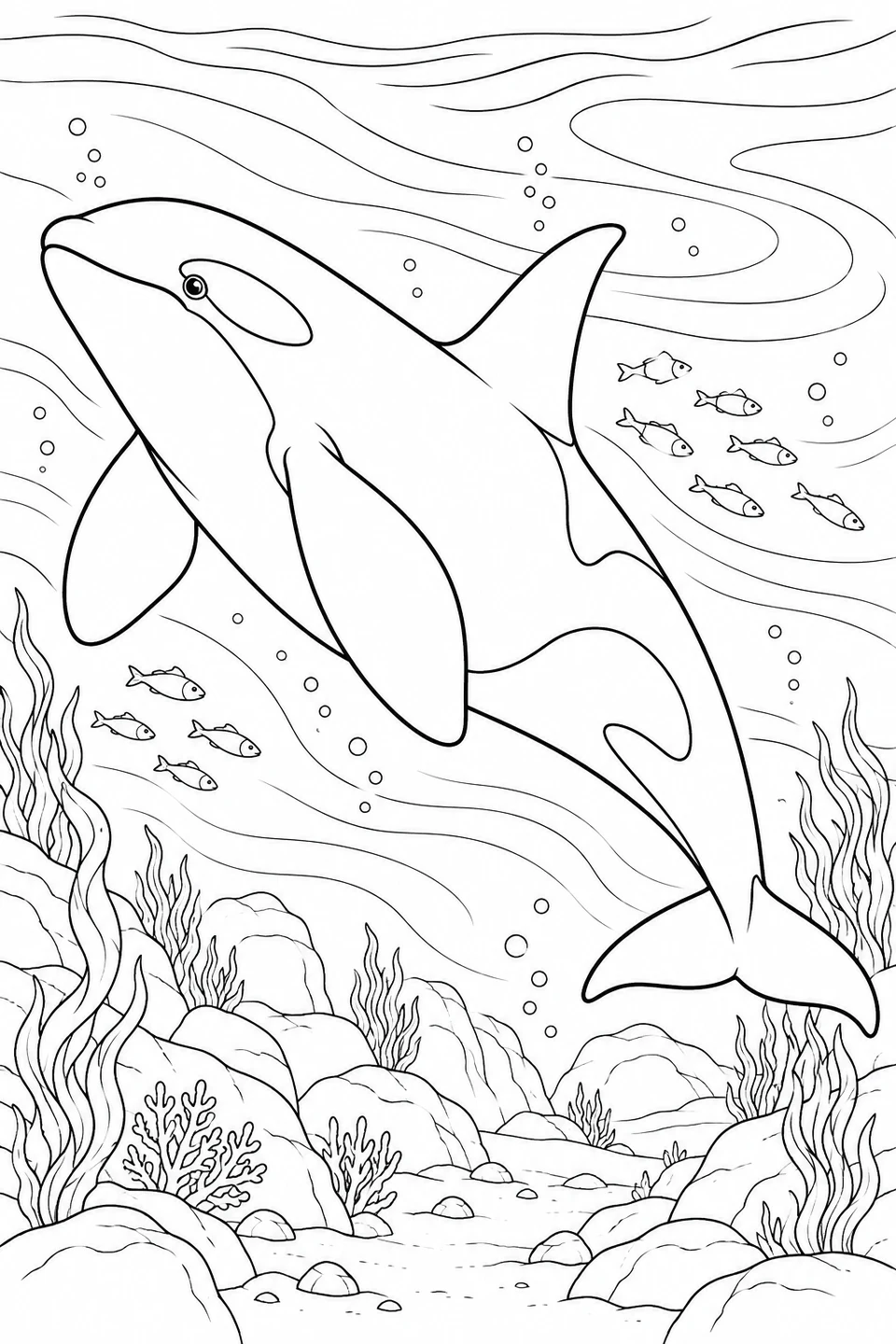 Orca: An underwater scene with flowing water, small fish and rocky seabed.