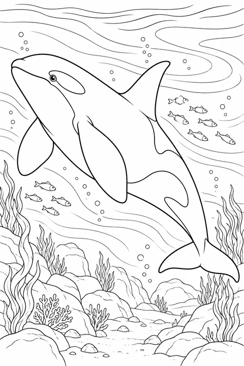 Orca: An underwater scene with flowing water, small fish and rocky seabed.