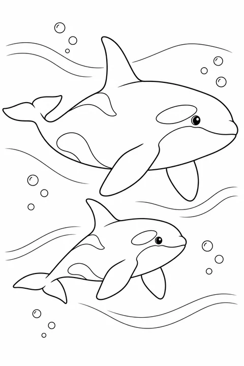 Orca: Two companions swim together among gentle currents and bubbles.