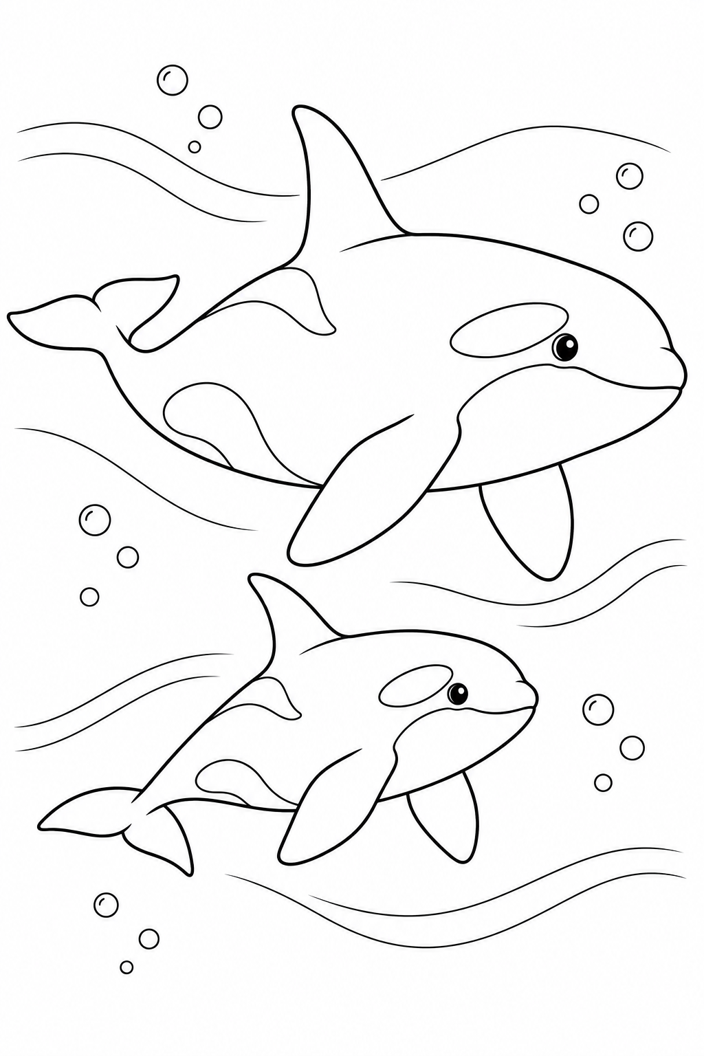Orca: Two companions swim together among gentle currents and bubbles.