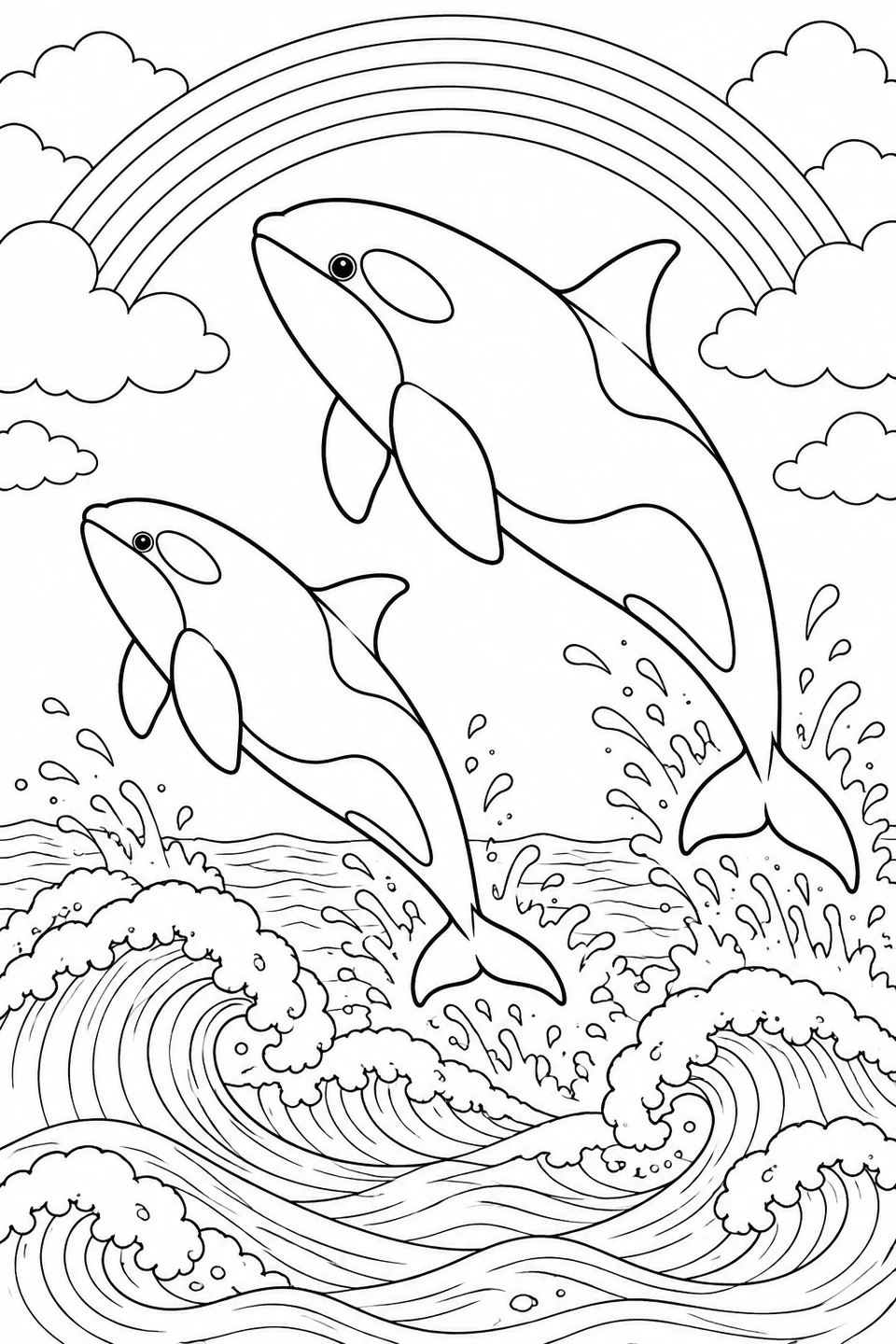 Two orcas leap side by side above rolling waves, with a broad rainbow and clouds overhead.