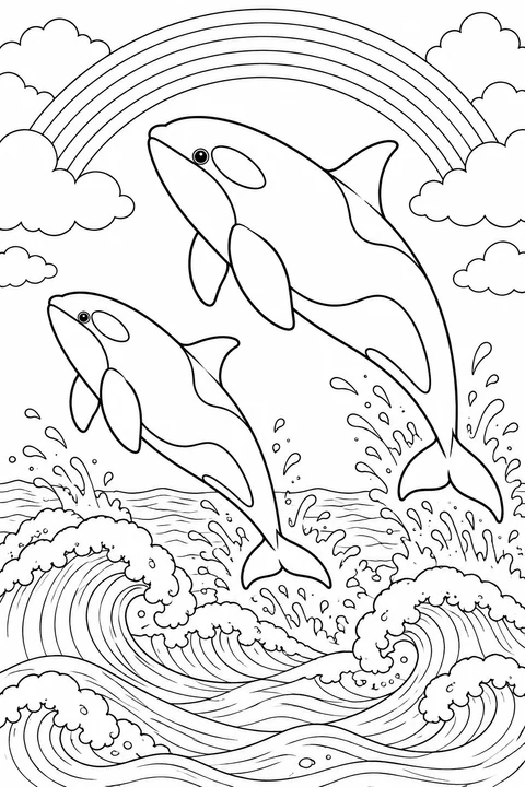 Two orcas leap side by side above rolling waves, with a broad rainbow and clouds overhead.