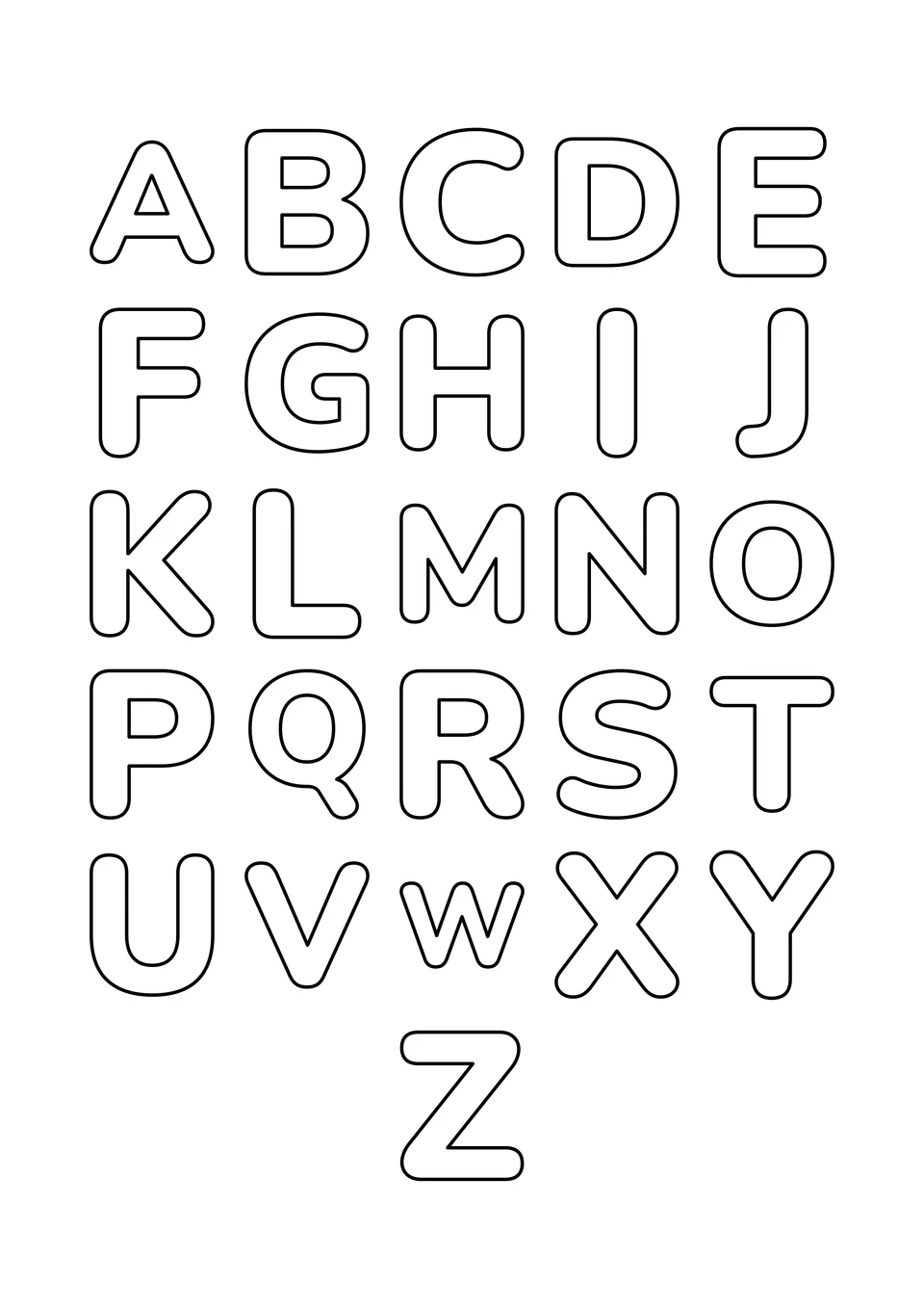 Les 26 lettres majuscules de A à Z, avec un intérieur blanc à colorier.
