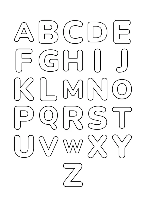 A 到 Z 共 26 个空心大写字母整齐排列，每个字母内部都留白供涂色。