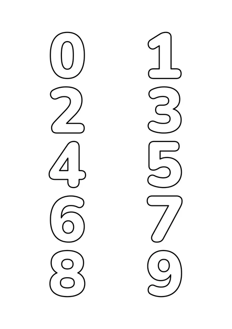 0 到 9 共十个空心数字整齐排列，每个数字内部都留白供涂色。