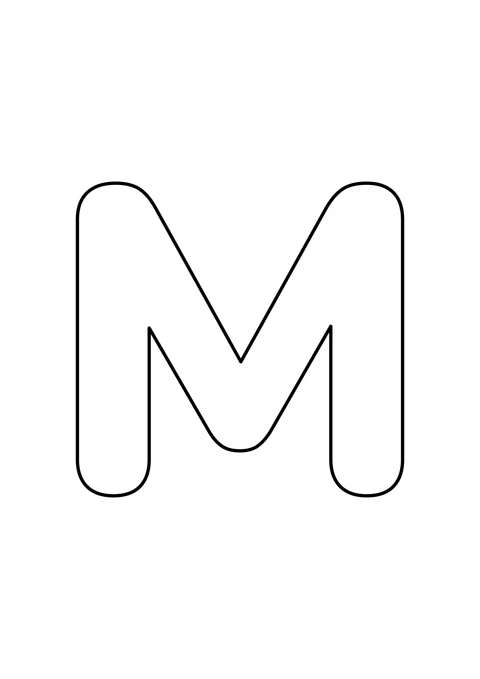 白色背景上一个大大的空心大写字母 M，可以在轮廓内自由涂色。