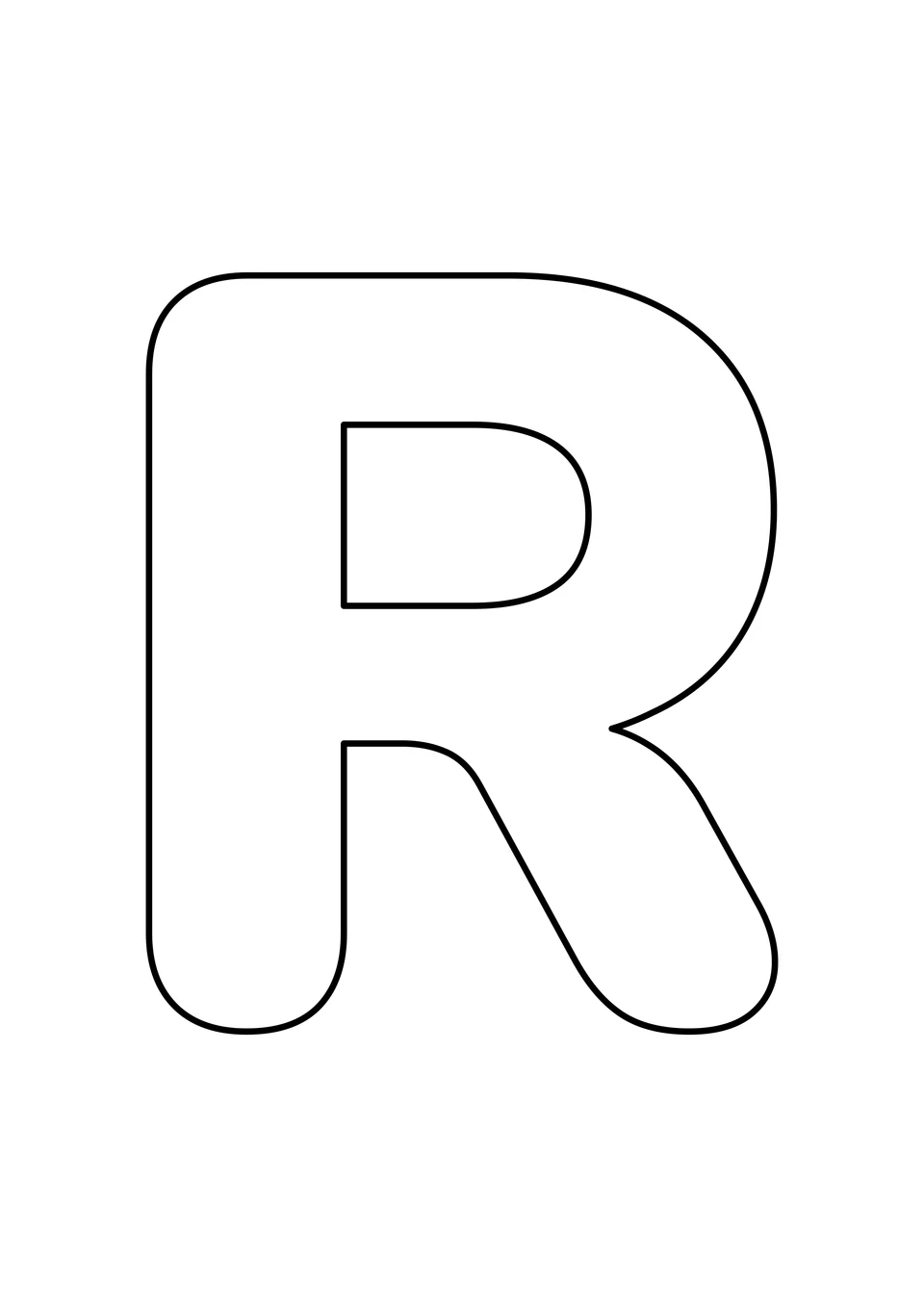 白色背景上一个大大的空心大写字母 R，可以在轮廓内自由涂色。