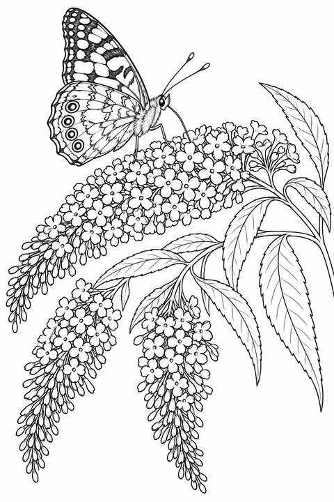 小红蛱蝶停在弯曲的醉鱼草花穗上，下方是垂落的花串和带齿的长叶。