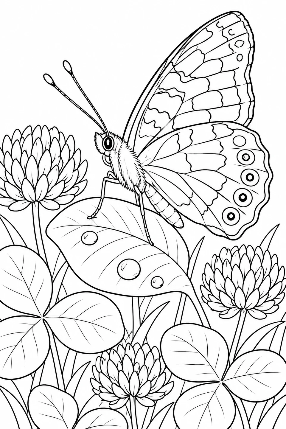 A painted lady rests with closed wings on a leaf dotted with dew, among clover flowers and three-leaf clusters.