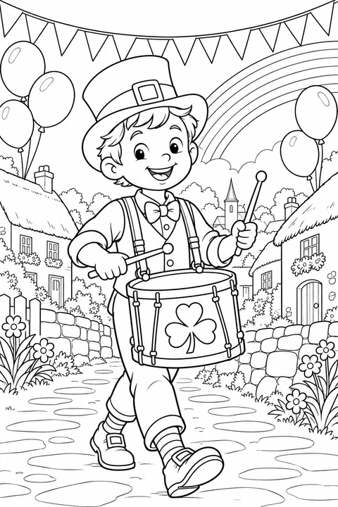 A boy plays a drum with a three-leaf shamrock on the front, beneath balloons and bunting on a village path.