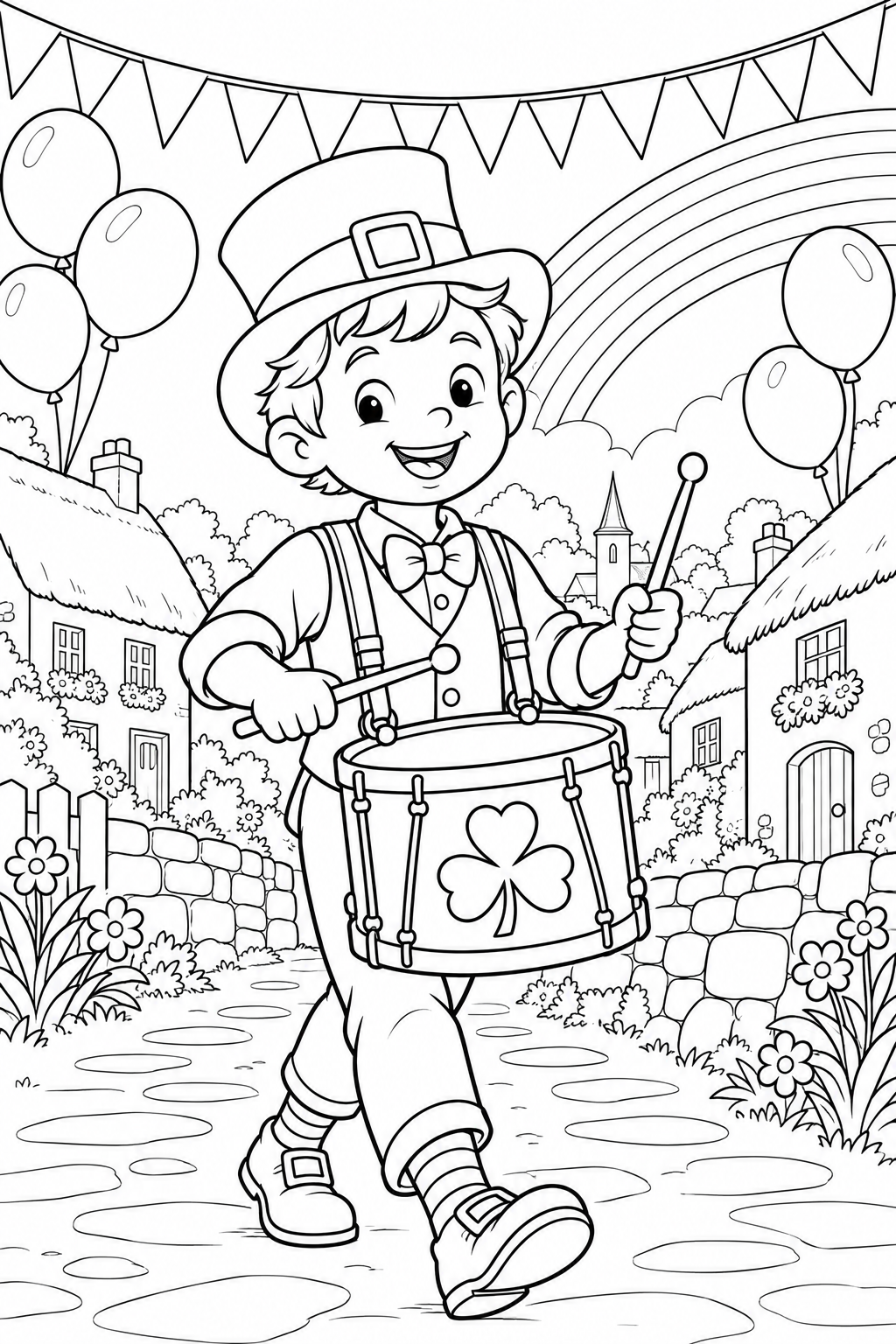 A boy plays a drum with a three-leaf shamrock on the front, beneath balloons and bunting on a village path.