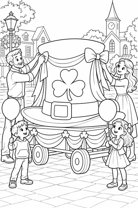 A man and a woman tie ribbons on a giant hat-shaped float while two children hold balloons beside it.