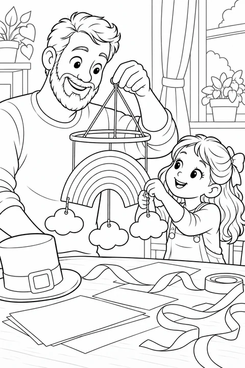 A man holds up a paper rainbow mobile while a girl attaches a cloud, with ribbons and a tall hat on the table.