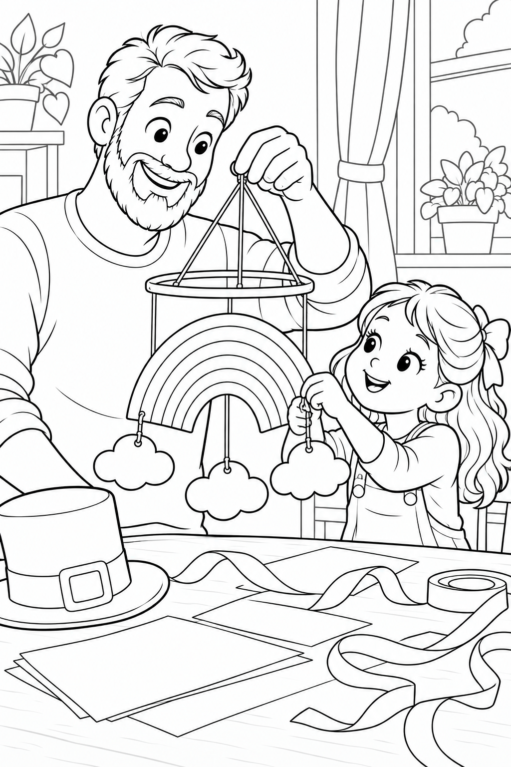 A man holds up a paper rainbow mobile while a girl attaches a cloud, with ribbons and a tall hat on the table.