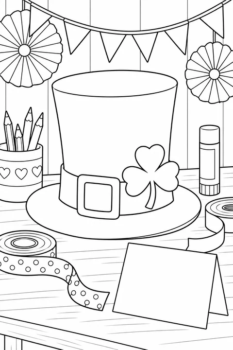 A tall hat with a three-leaf shamrock sits among ribbons, pencils, a glue stick and a blank card beneath paper decorations.